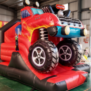Commercial Monster Truck Bouncer with Detailed Tire & Flame Graphics | Durable Play Center