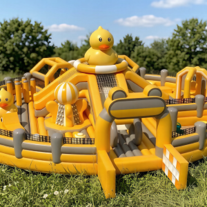 Commercial Yellow Duck Theme Inflatable Park - Giant Slide, Climbing & Ball Pit Combo