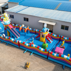 Custom Themed Inflatable Fun Park - Giant Blue Castle with Slides, Climbing & Cartoon Figures