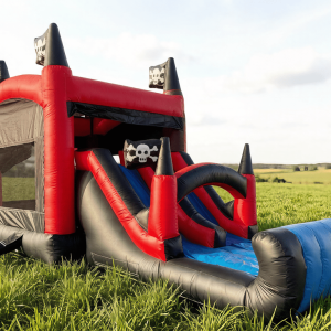 Pirate-Themed Inflatable Bounce House with Slide | Red & Black Skull Design | Commercial Bouncer for Parties & Rentals